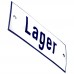 Emaljskylt Lager vit - blå 12 x 5 cm modell 1-4