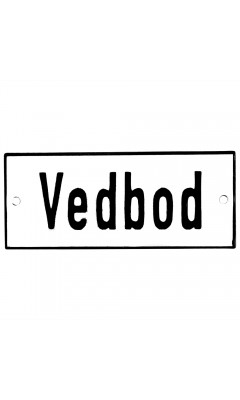 Emaljskylt Vedbod vit - svart 12 x 5 cm modell 2-4 Emaljskylt Vedbod vit - svart 12 x 5 cm modell 2-4