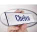 Emaljskylt Chefen vit - blå 12 x 5 cm modell 3-4