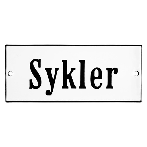 Emaljskylt Sykler vit - svart 12 x 5 cm modell 4-4