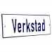 Emaljskylt Verkstad vit - blå 15 x 5 cm modell 1-4