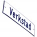 Emaljskylt Verkstad vit - blå 15 x 5 cm modell 1-4