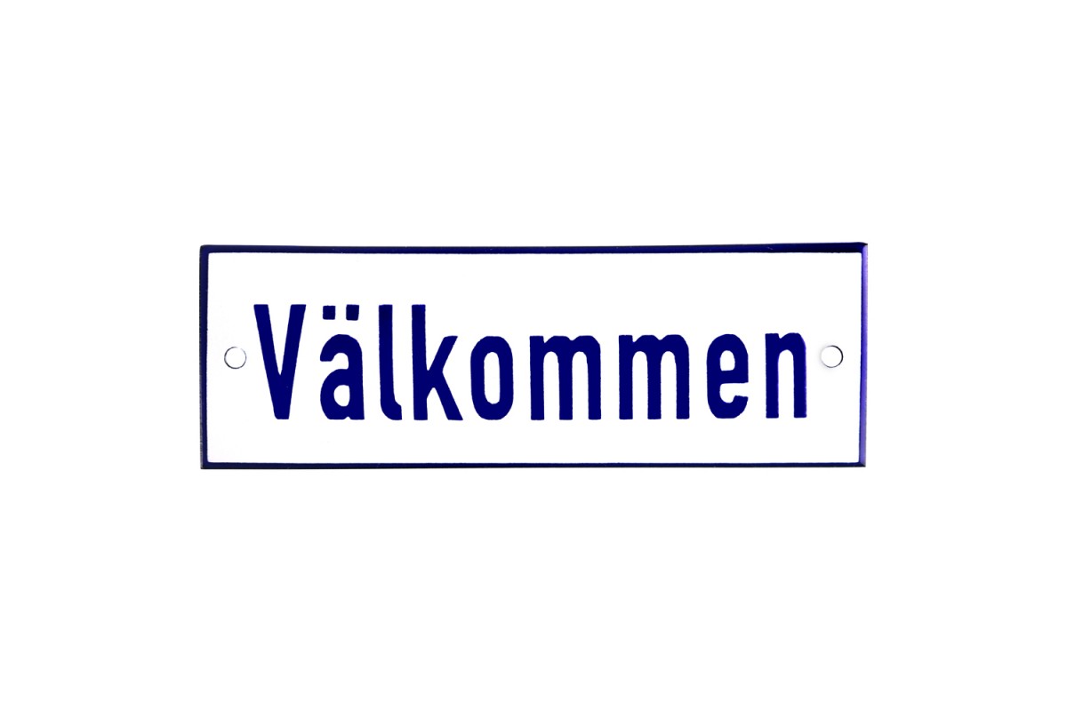 Emaljskylt Välkommen vit - blå 15 x 5 cm modell 1-4 Emaljskylt Välkommen vit - blå 15 x 5 cm modell 1-4