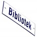 Emaljskylt Bibliotek vit - blå 15 x 5 cm modell 1-4