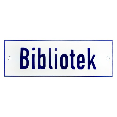 Emaljskylt Bibliotek vit - blå 15 x 5 cm modell 1-4
