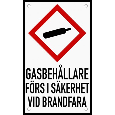 Emaljskylt GASBEHÅLLARE FÖRS I SÄKERHET VID BRANDFARA vit - svart 12 x 20 cm modell 35-4