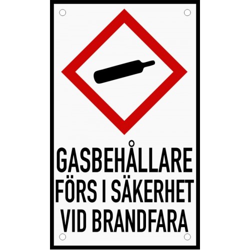 Emaljskylt GASBEHÅLLARE FÖRS I SÄKERHET VID BRANDFARA vit - svart 12 x 20 cm modell 35-4