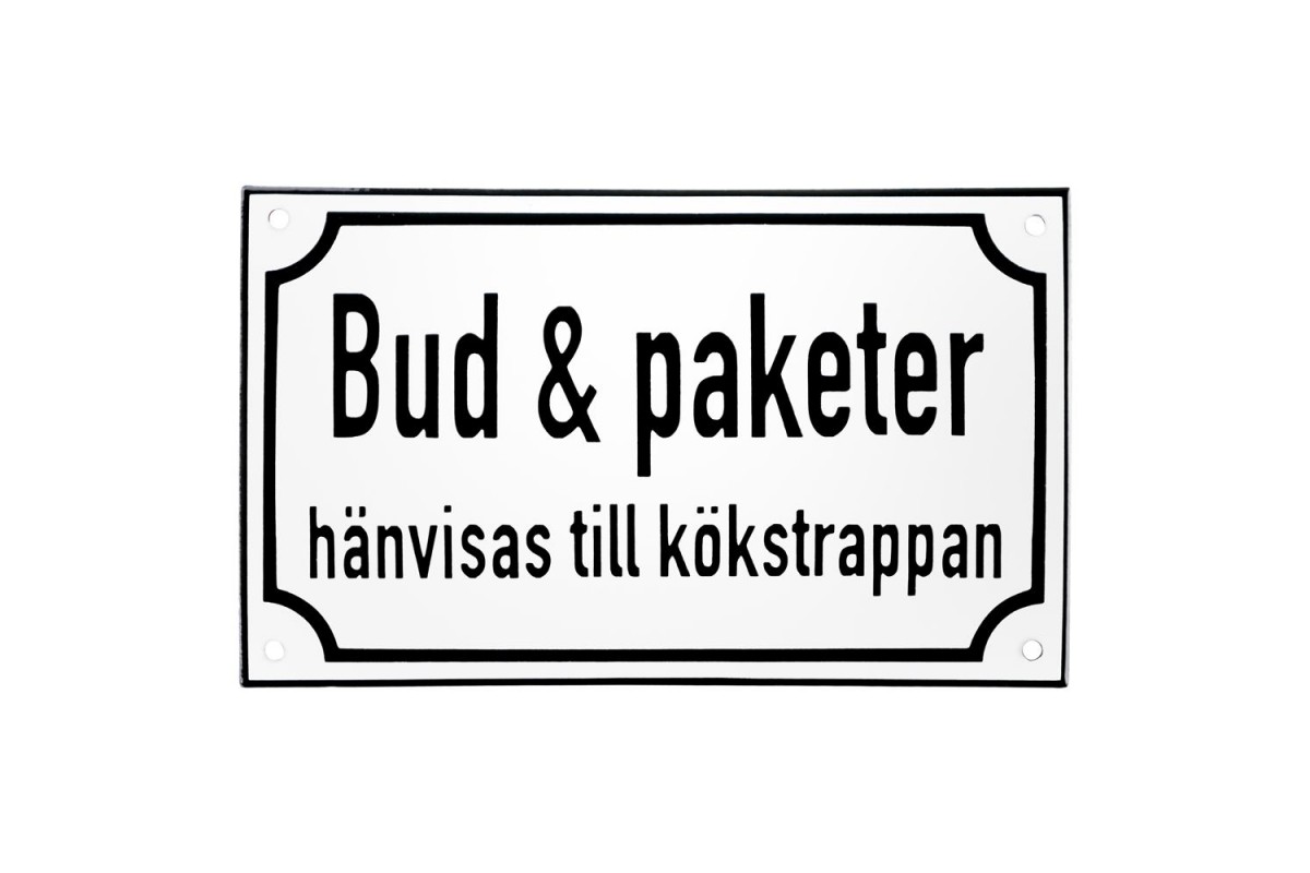 Emaljskylt Bud & paketer hänvisas till kökstrappan vit - svart 20 x 12 cm modell 39-4 Emaljskylt Bud & paketer hänvisas till kökstrappan vit - svart 20 x 12 cm modell 39-4