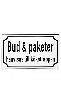 Emaljskylt Bud & paketer hänvisas till kökstrappan vit - svart 20 x 12 cm modell 39-4 Emaljskylt Bud & paketer hänvisas till kökstrappan vit - svart 20 x 12 cm modell 39-4