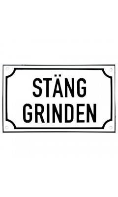 Emaljskylt STÄNG GRINDEN vit - svart 20 x 12 cm modell 39-4 Emaljskylt STÄNG GRINDEN vit - svart 20 x 12 cm modell 39-4