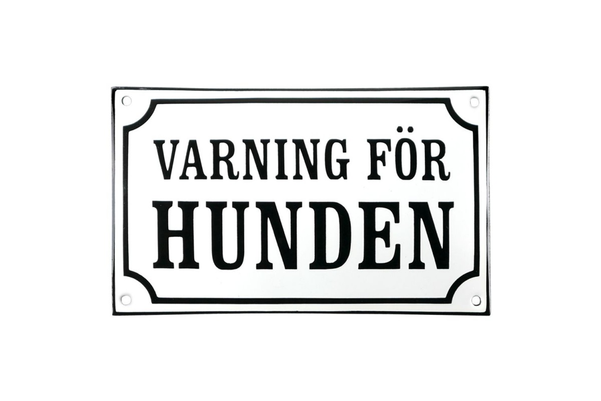 Emaljskylt VARNING FÖR HUNDEN vit - svart 20 x 12 cm modell 10-4 Emaljskylt VARNING FÖR HUNDEN vit - svart 20 x 12 cm modell 10-4